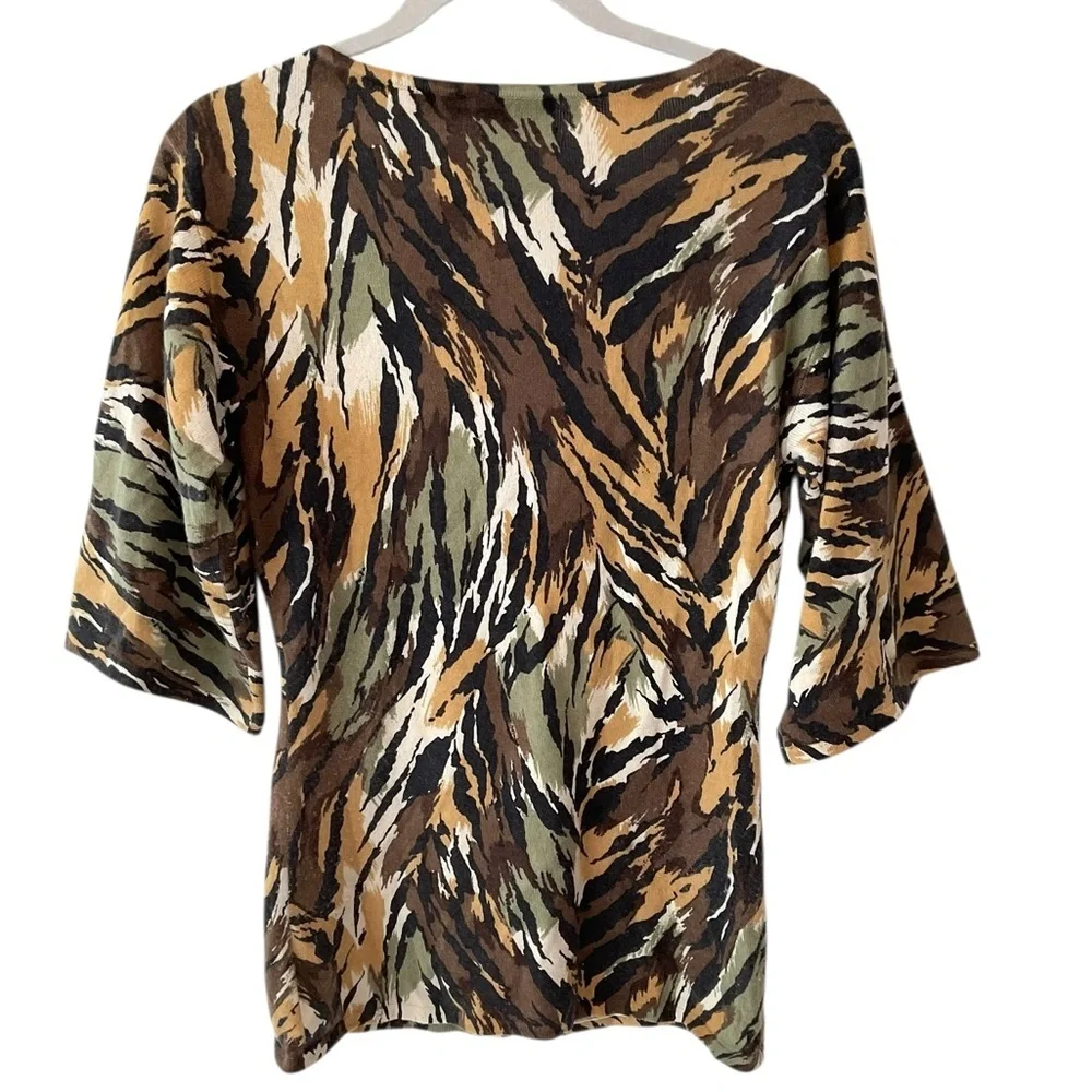 Neiman Marcus Cashmere Sweater Small 3/4 Sleeve Animal Print Luxe Knit